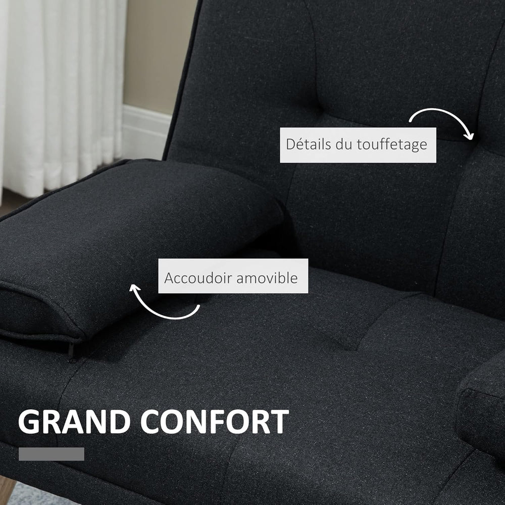 HOMCOM Canapé Convertible 3 Places Design scandinave Inclinaison Dossier réglable 3 Niveaux Dossier Centrale Rabattable 2 Porte-Verres Bois Massif Lin Gris