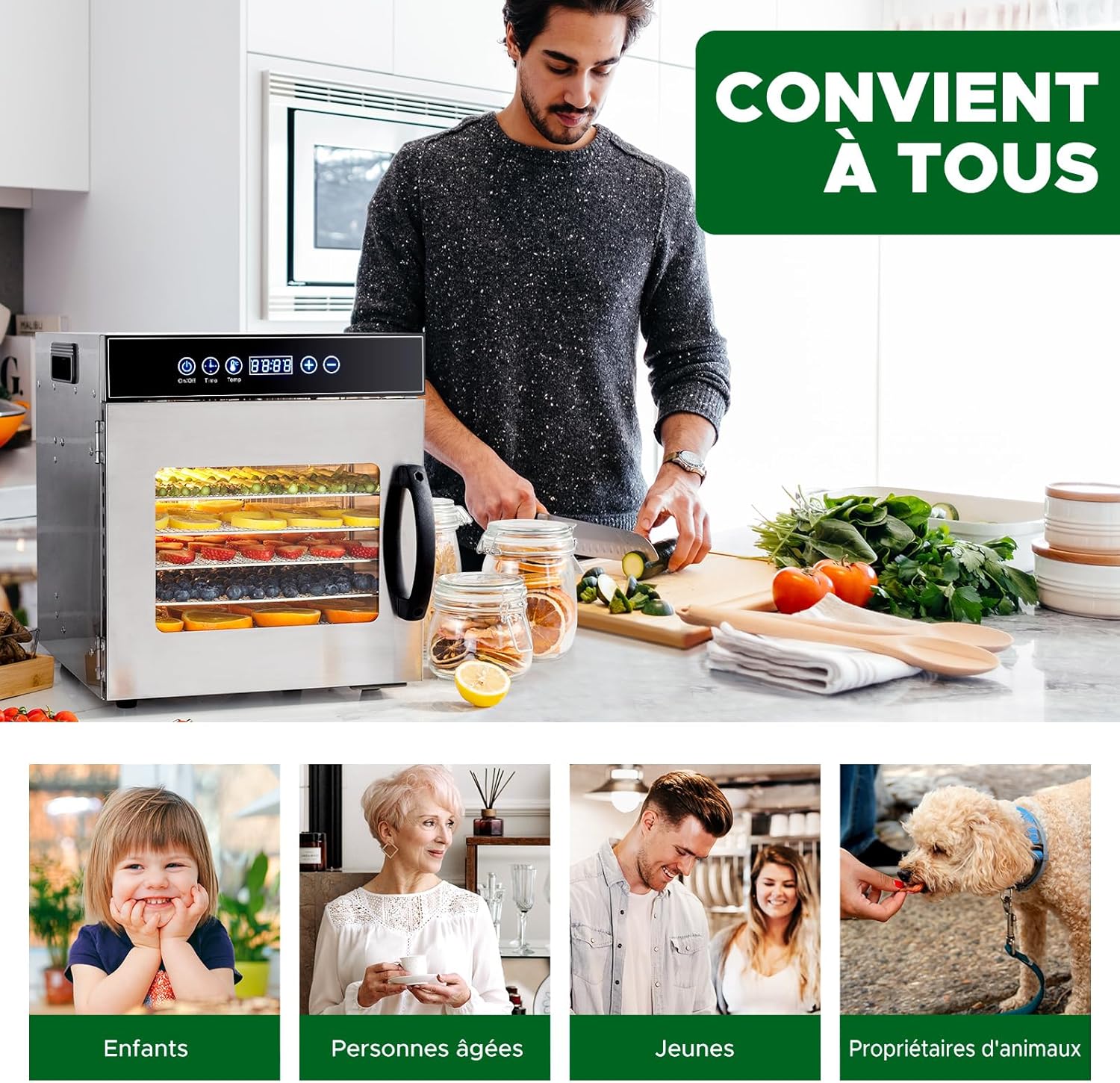 Kwasyo Food Dehydrator, 10 Trays • Desiccator with Timer (24H) • Fruit and Vegetable Dehydrator Adjustable Temperature (30 to 90°C) + 1 x Recipe Book