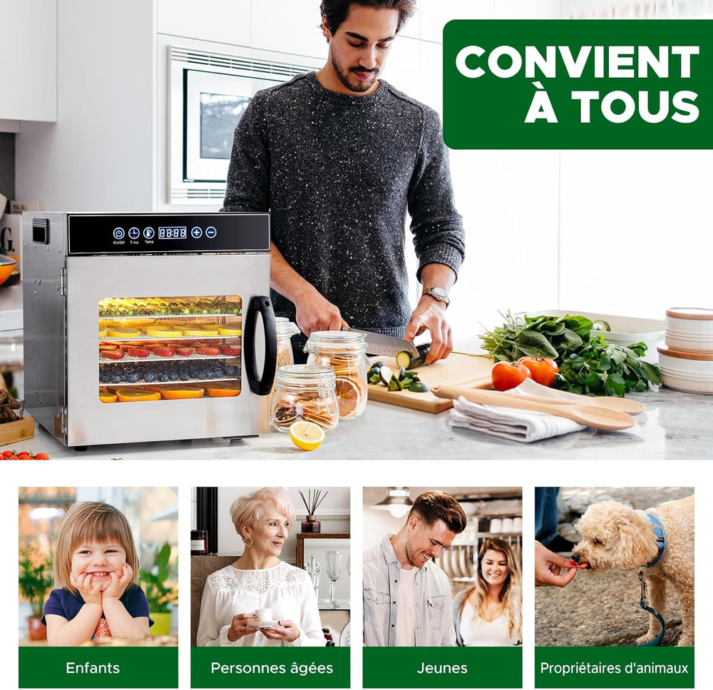 Kwasyo Food Dehydrator, 10 Trays • Desiccator with Timer (24H) • Fruit and Vegetable Dehydrator Adjustable Temperature (30 to 90°C) + 1 x Recipe Book