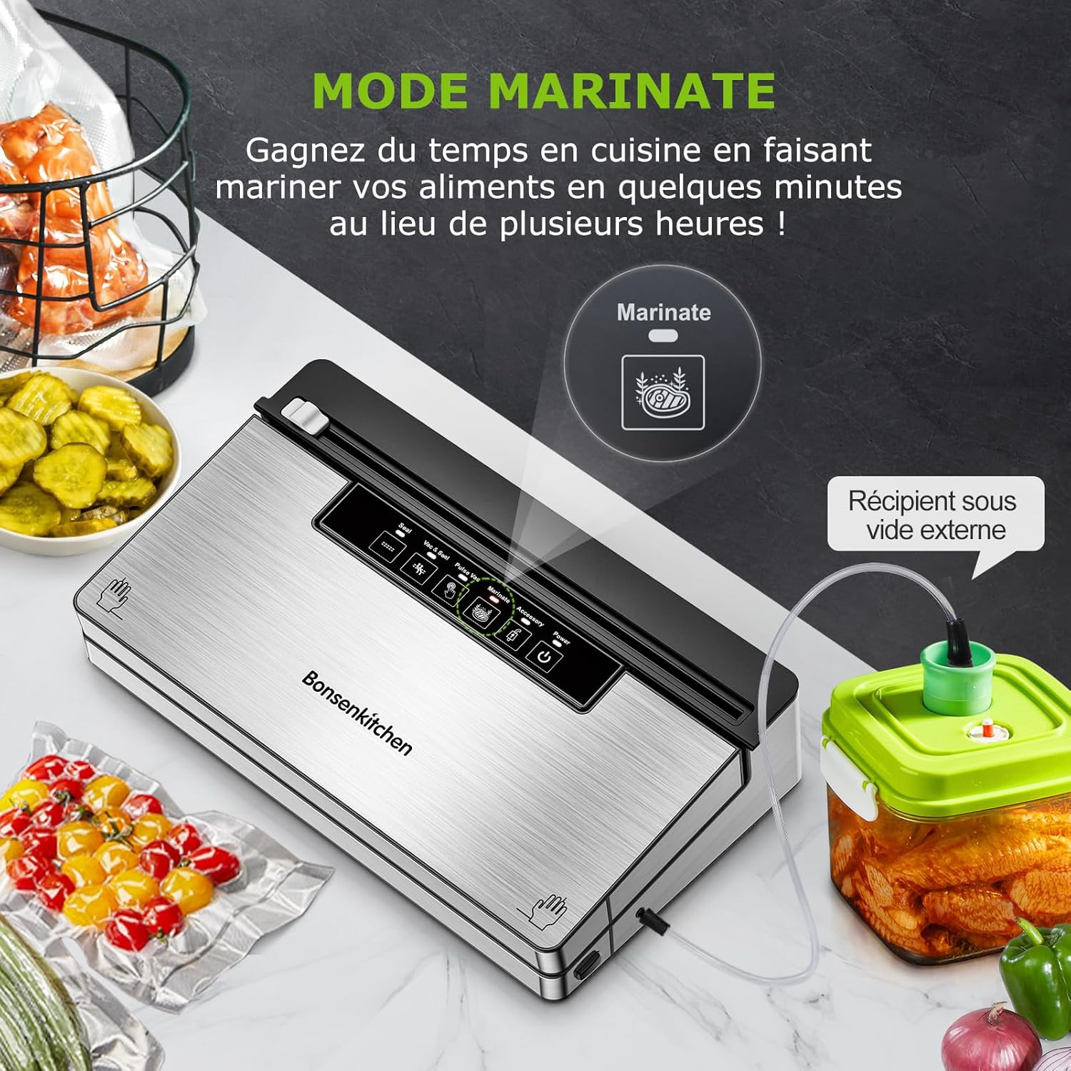 Bonsenkitchen Machine Sous Vide Alimentaire, Machine Sous Vide à 5 Modes-8 L/min, Technologie Globefish pour Un Travail en Continu à Grande Vitesse, Comprend 100 Sacs Sous Vide et 1 Sac en Rouleau