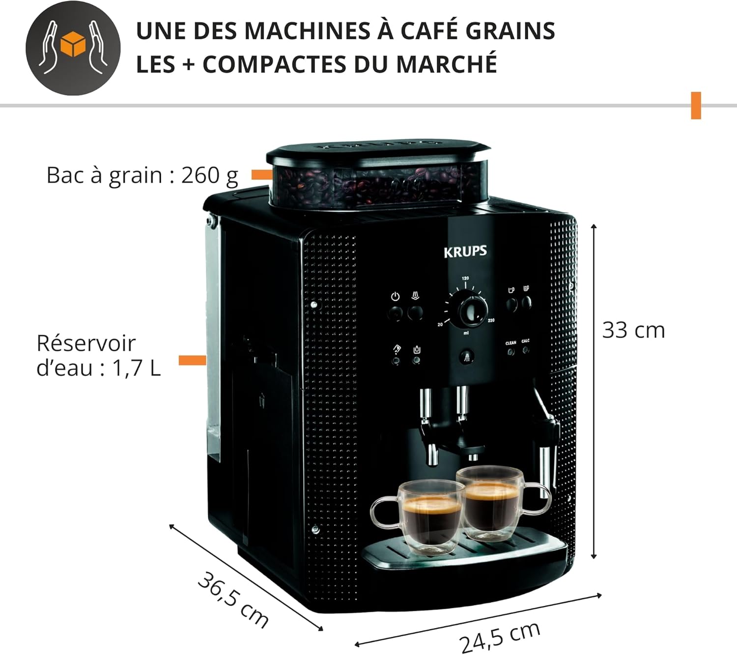 Krups Coffee Bean Machine, 1.7 L, 2 Cups Simultaneously, Automatic Cleaning, Steam Nozzle for Cappuccino, Espresso Maker, Essential Black YY8125FD