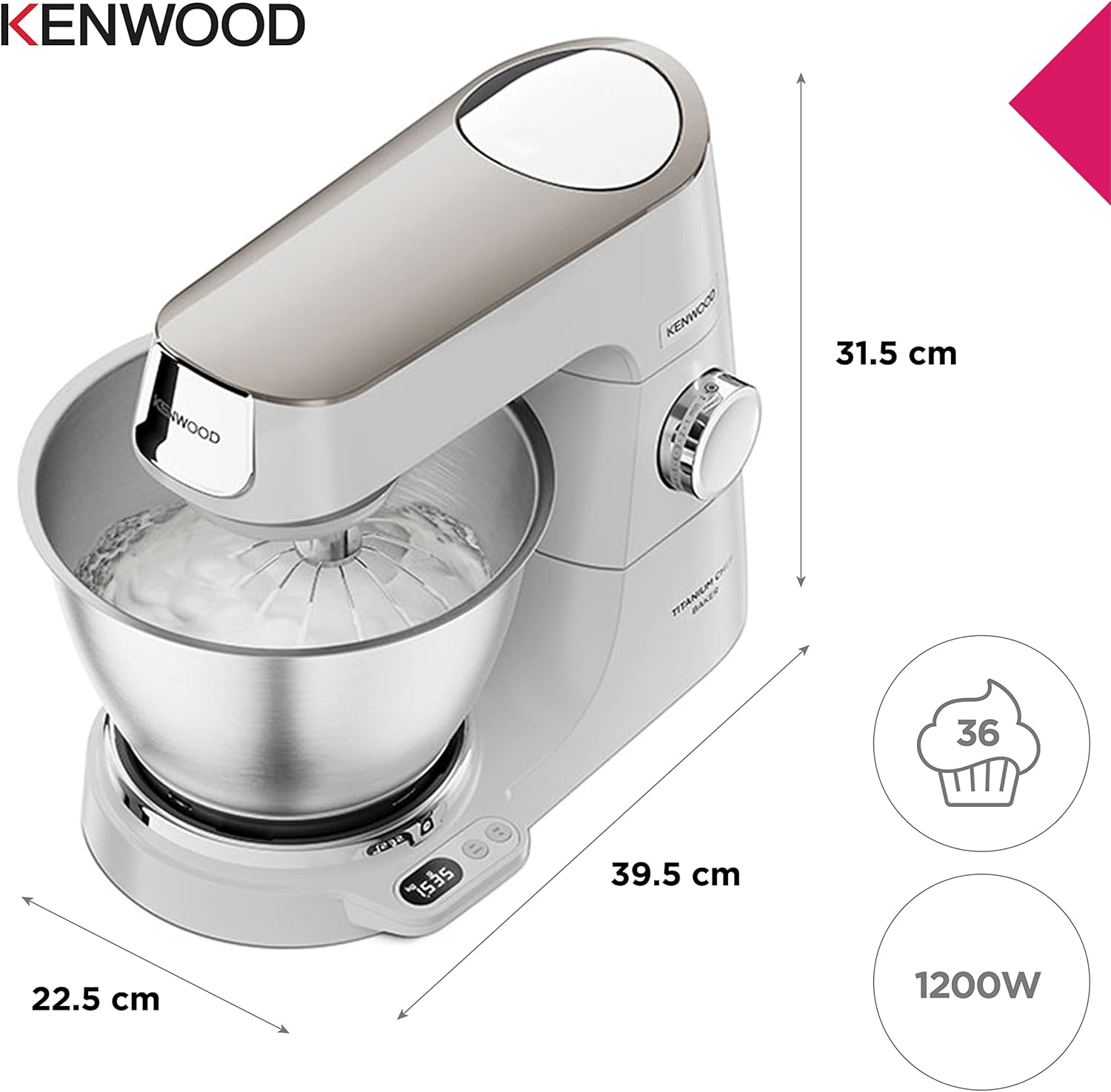 Kenwood Titanium Chef Baker KVC65.001WH, Pastry Robot with Integrated Scales, Including 3-Piece Pastry Set, Spatula & Splash Protection, 1200 W, White