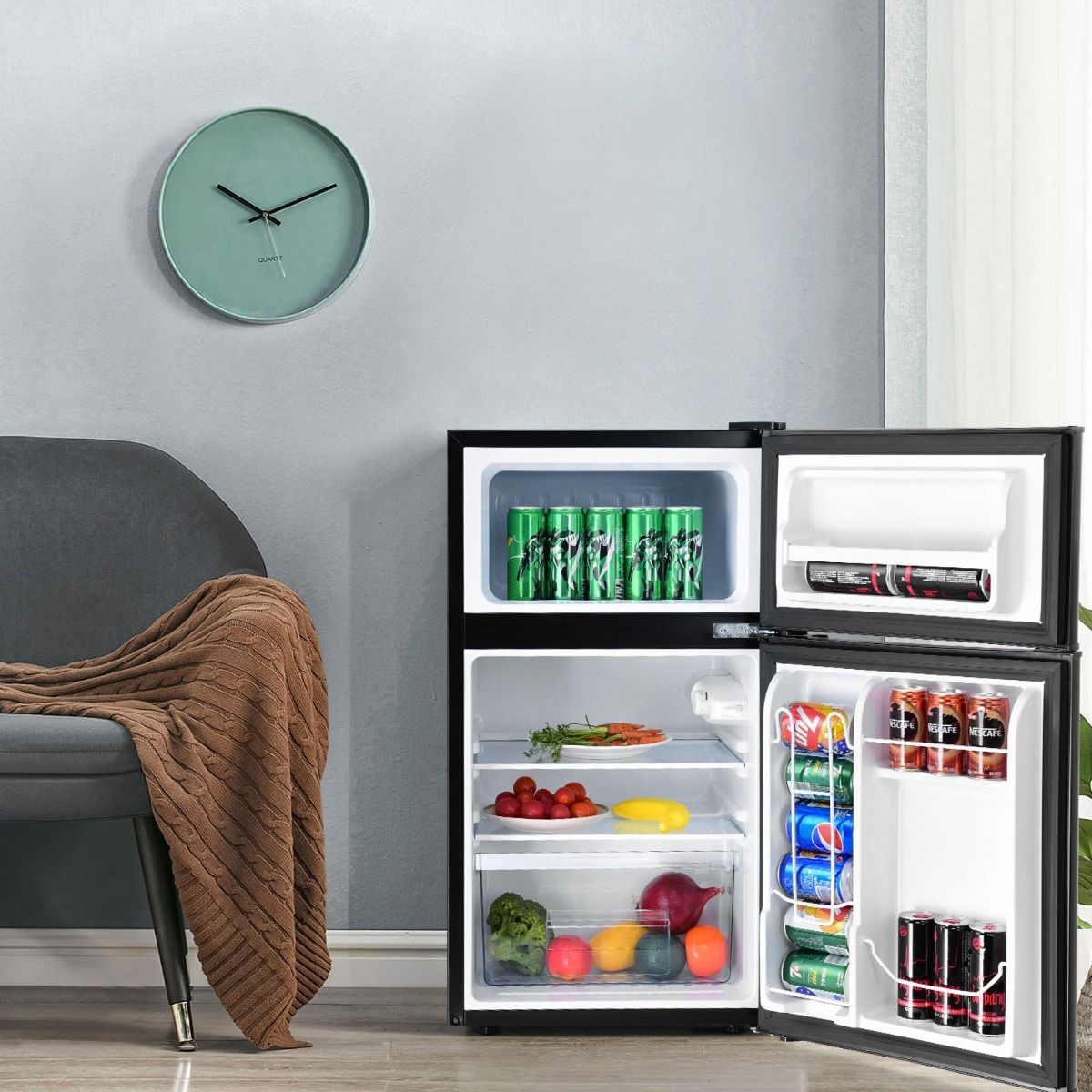 Réfrigérateur Compact Mini-réfrigérateur 90 L Congélateur Séparé avec Design à 2 Portes Fonctionnement Silencieux Blanc/Gris/Noir