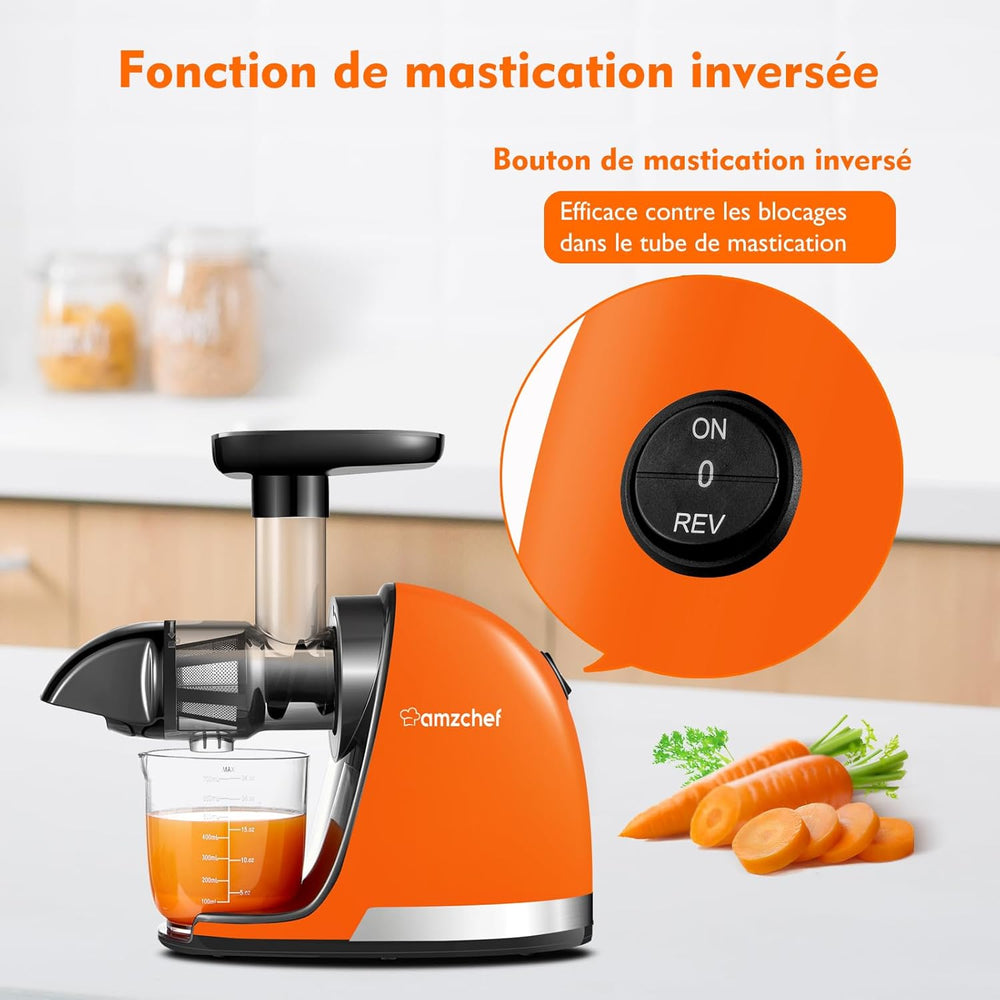AMZCHEF Extracteur Jus - Extracteur de Jus de Fruits et Légumes - Presses-agrumes à Froid sans BPA avec 2 Tasses et Brosse - Fonction de Mastication Inversée pour Éviter les Blocages - Argent