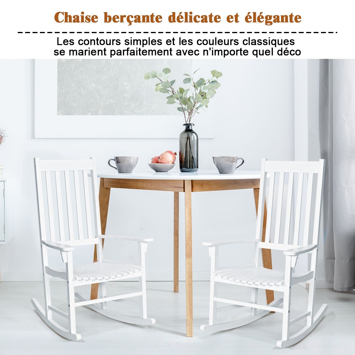 Fauteuil à Bascule en Bois d'Acacia Chaise Berçante pour Jardin Pelouse Balcon Blanc -
