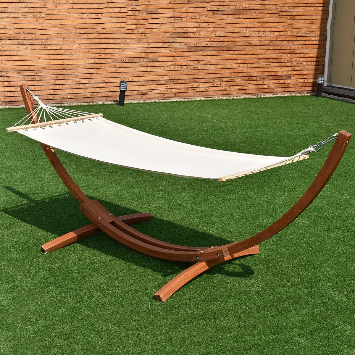 Hamac 1 Place 200x100cm avec Support en Bois de Mélèze Russe Capacité 120kg en Polyester Métal 313x115x120cm Naturel -