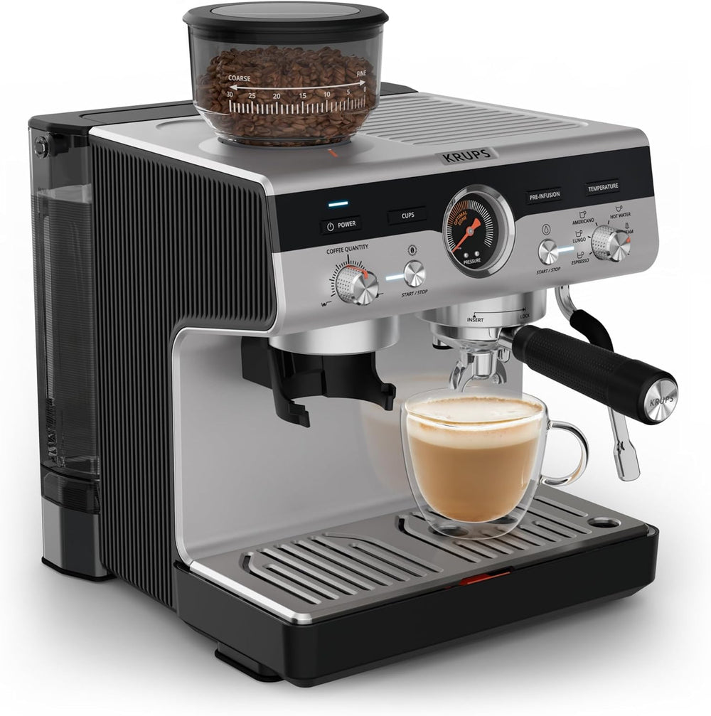 Krups Virtuoso+, Machine expresso, Machine a cafe à pompe, expresso machine a cafe moulu ou dosettes, 15 bars, Inox, Buse vapeur, Espresso et cappuccino, XP444G10