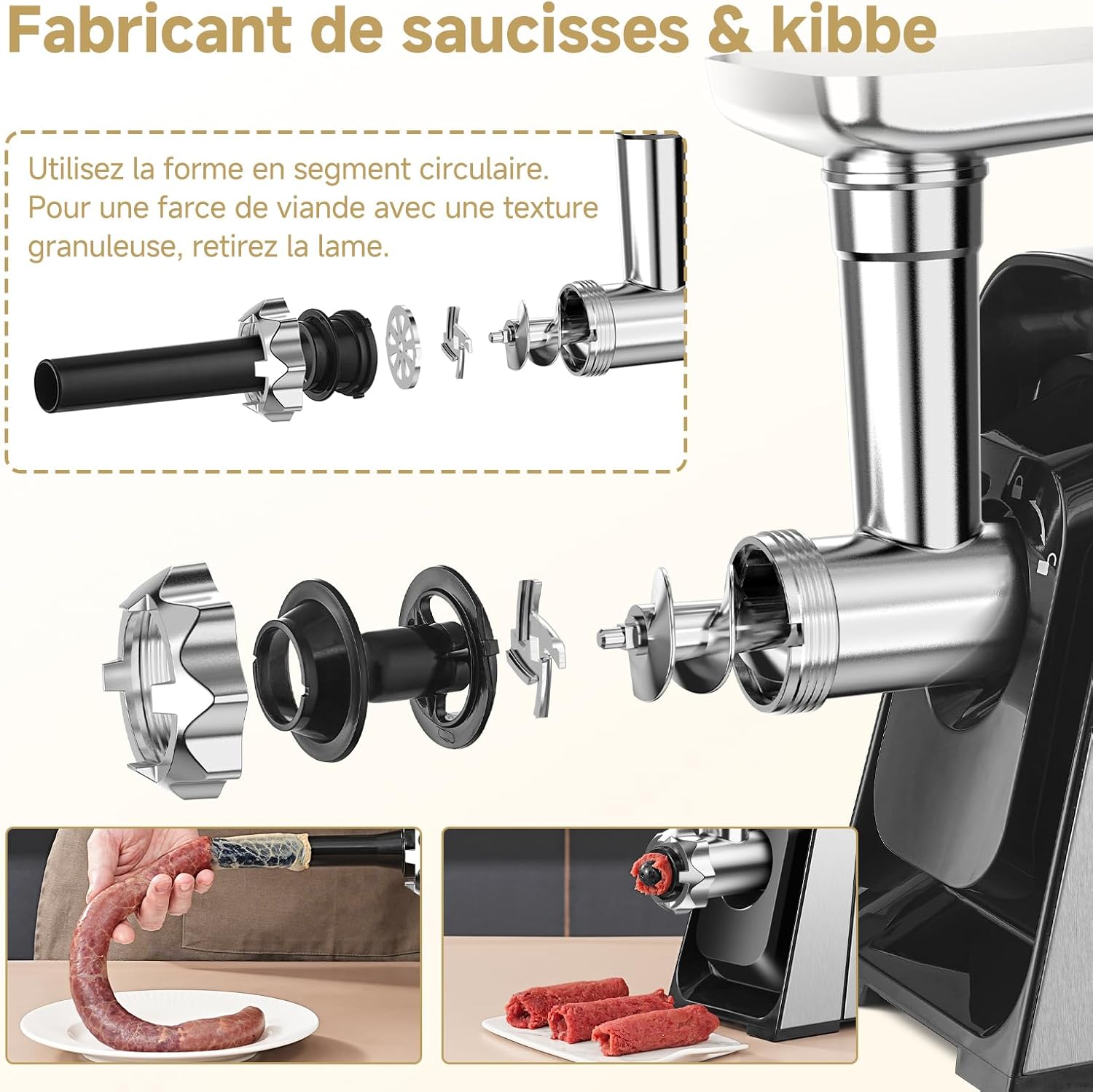 AOBOSI 4-in-1 Meat Grinder Electric Meat Grinder with 4 Stainless Steel Cutting Plates, 1 Kubbe and 3 Sausage Filling Tubes, Motor [3000w Max], Mincer with 2 Blades.
