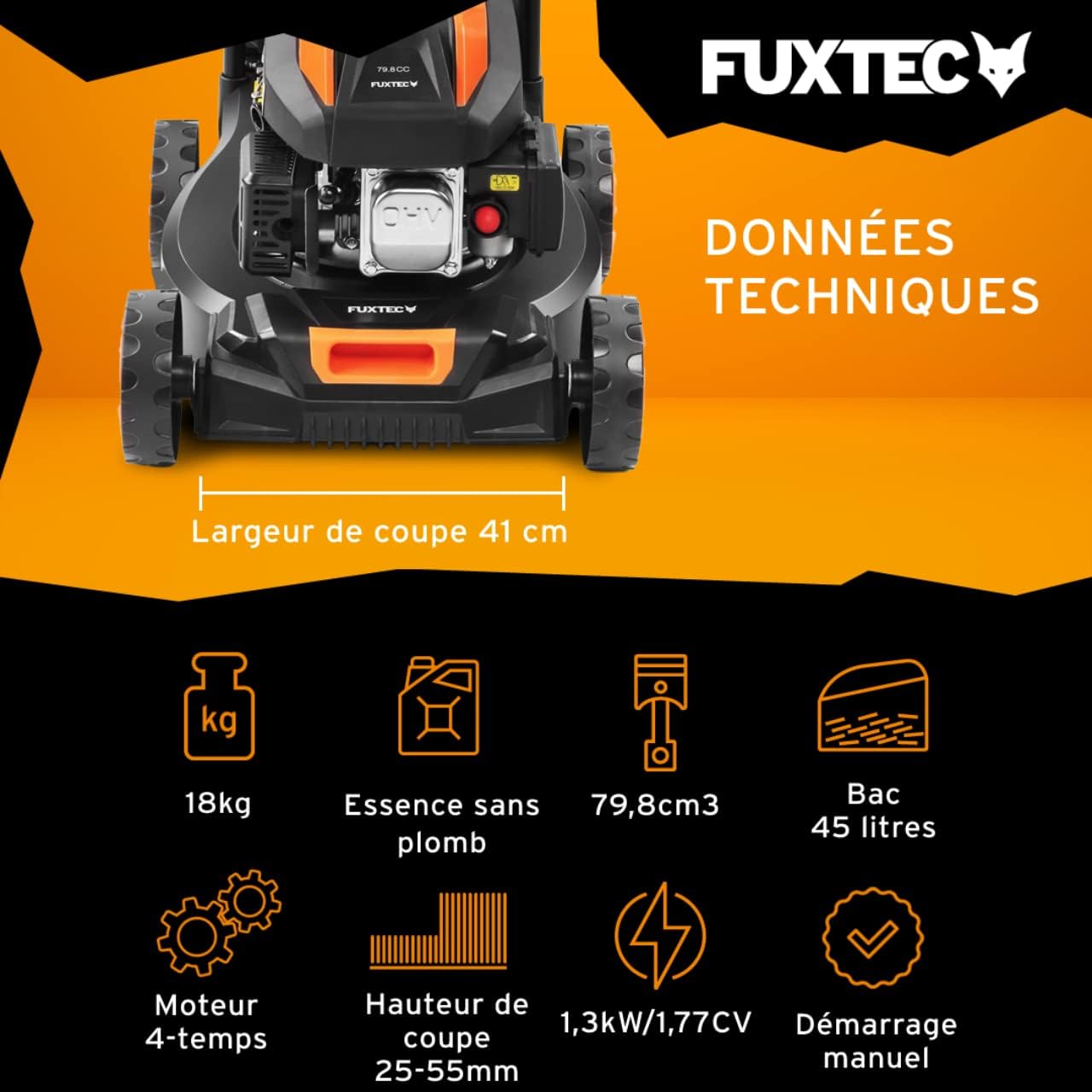 FUXTEC Tondeuse thermique pousse FX-RM4646ECO - Tres bon rapport qualit-prix - Easy Clean 3en1 largeur de coupe 46cm - bac de ramassage 50L