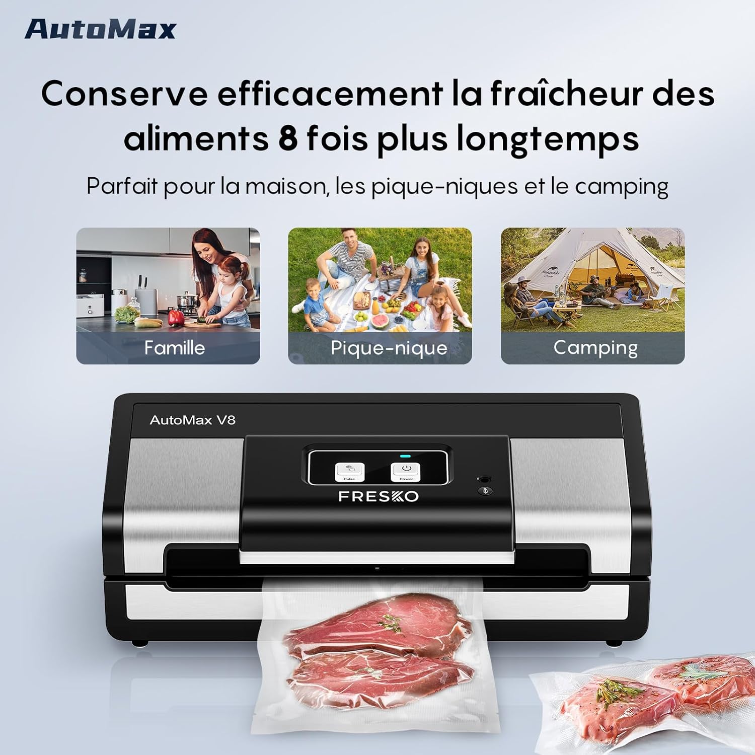 FRESKO Automatic Vacuum Sealer Machine, 140 Watts, Hands-Free Vacuum Machine, Dry/Wet Detection, 2 Roll Bag, Built-in Cutter and Bag Storage (AutoMax V8)