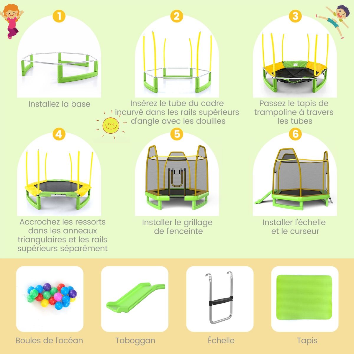Trampoline Extérieur Ø 223cm avec Toboggan&Echelle avec Filet de Sécurité 2 Portes en U Charge 270kg pour 2-3 Enfants de 3 Ans+ Bleu/Vert