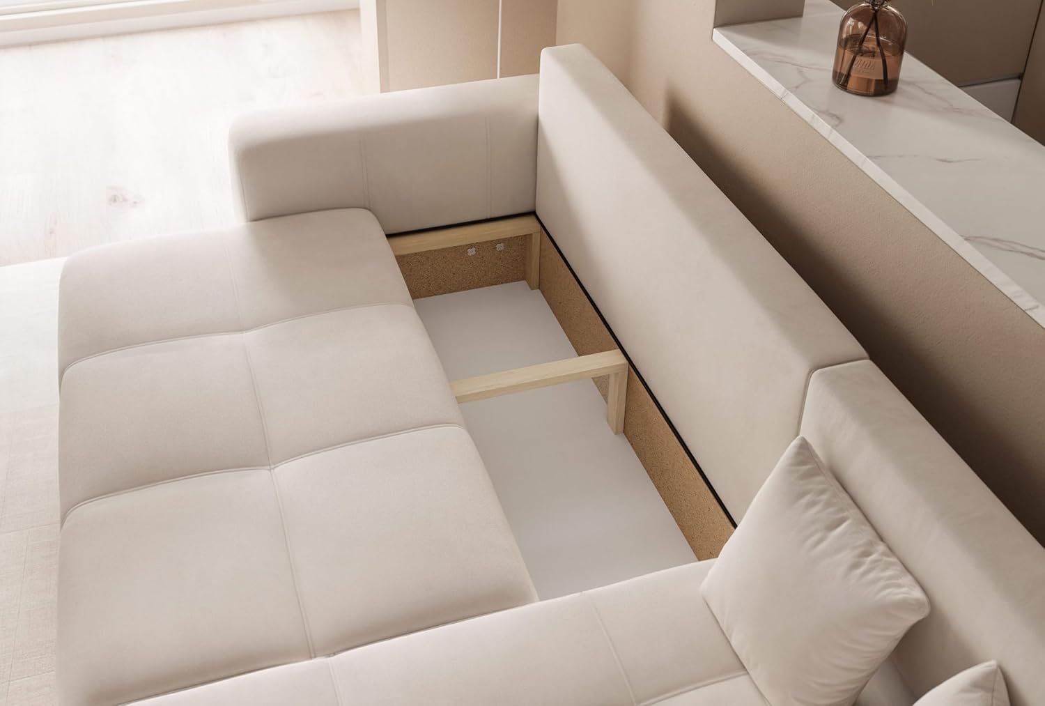 GREKPOL Canapé d'angle Convertible 145x248 à Gauche ou à Droite - Canapé 3 Places Convertible Beige avec Espace de Rangement