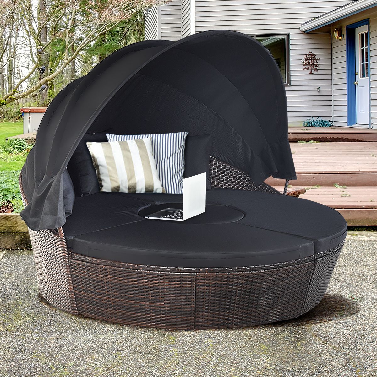 Lit de Jardin Rond d'Exterieur Table Relevable Modulable & Convertible - Pare Soleil Réglable rotin PE Coussins Inclus Noir