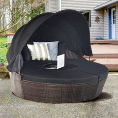 Lit de Jardin Rond d'Exterieur Table Relevable Modulable & Convertible - Pare Soleil Réglable rotin PE Coussins Inclus Noir