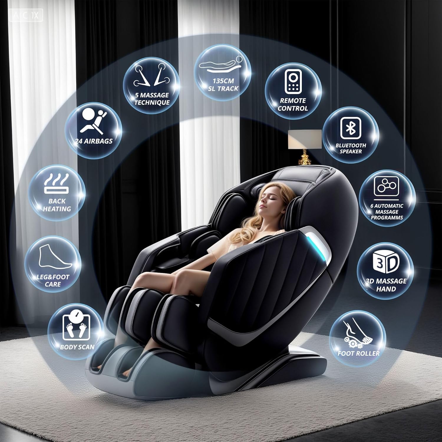 HealthRelife Fauteuil de Massage pour Tout Le Corps - Chaise de Massage Intelligente Zero Gravity - Mains robotiques 3D avec Rail SL - Fauteuil de Relaxation Bluetooth - Noir