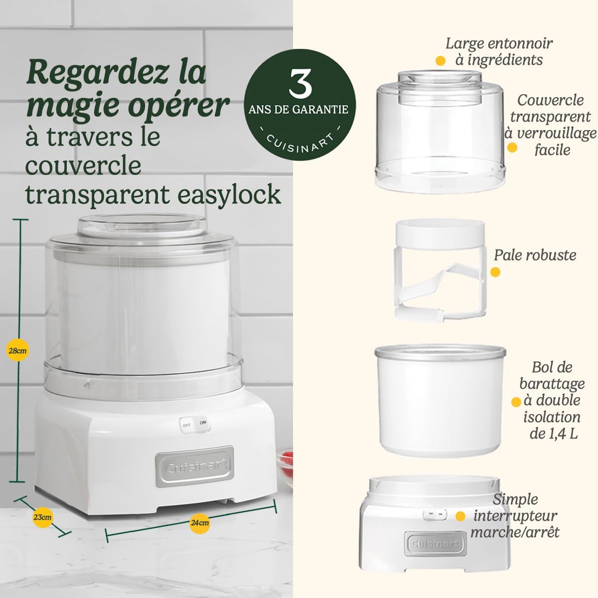 Cuisinart Sorbetière - Fait de la crème glacée, du gelato, du sorbet et du yogourt glacé en 40 minutes - Desserts maison - Facile à utiliser - Acier inoxydable - ICE100BCU