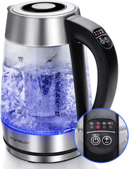 Aigostar Cris - Bouilloire en verre Température Réglable 2200W, 1.7L. Thermostat Réglable (60 à 100ºC) et fonction maintien au chaud, Filtre à thé amovible, éclairage LED de couleurs, Sans BPA.