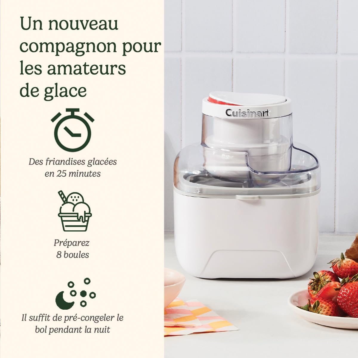 Cuisinart Sorbetière - Fait de la crème glacée, du gelato, du sorbet et du yogourt glacé en 40 minutes - Desserts maison - Facile à utiliser - Acier inoxydable - ICE100BCU