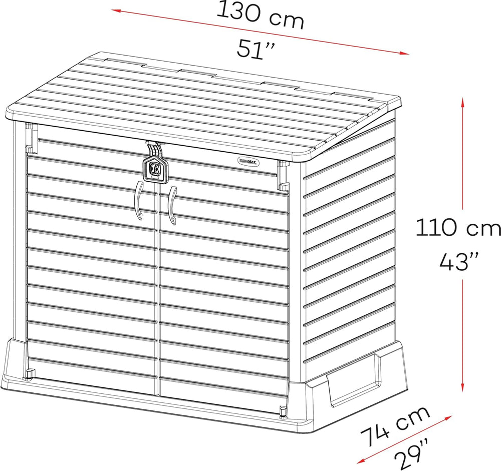 Duramax StoreAway 1200L Plastic Garden Shed/ Flat Lid, Outdoor Storage Shed, Wheelie Bin Hideaways, Wheelie bin box, Durable Construction, Ideal for Bikes, BBQs & 2x 240L Bins, 145x85x125 cm, Brown