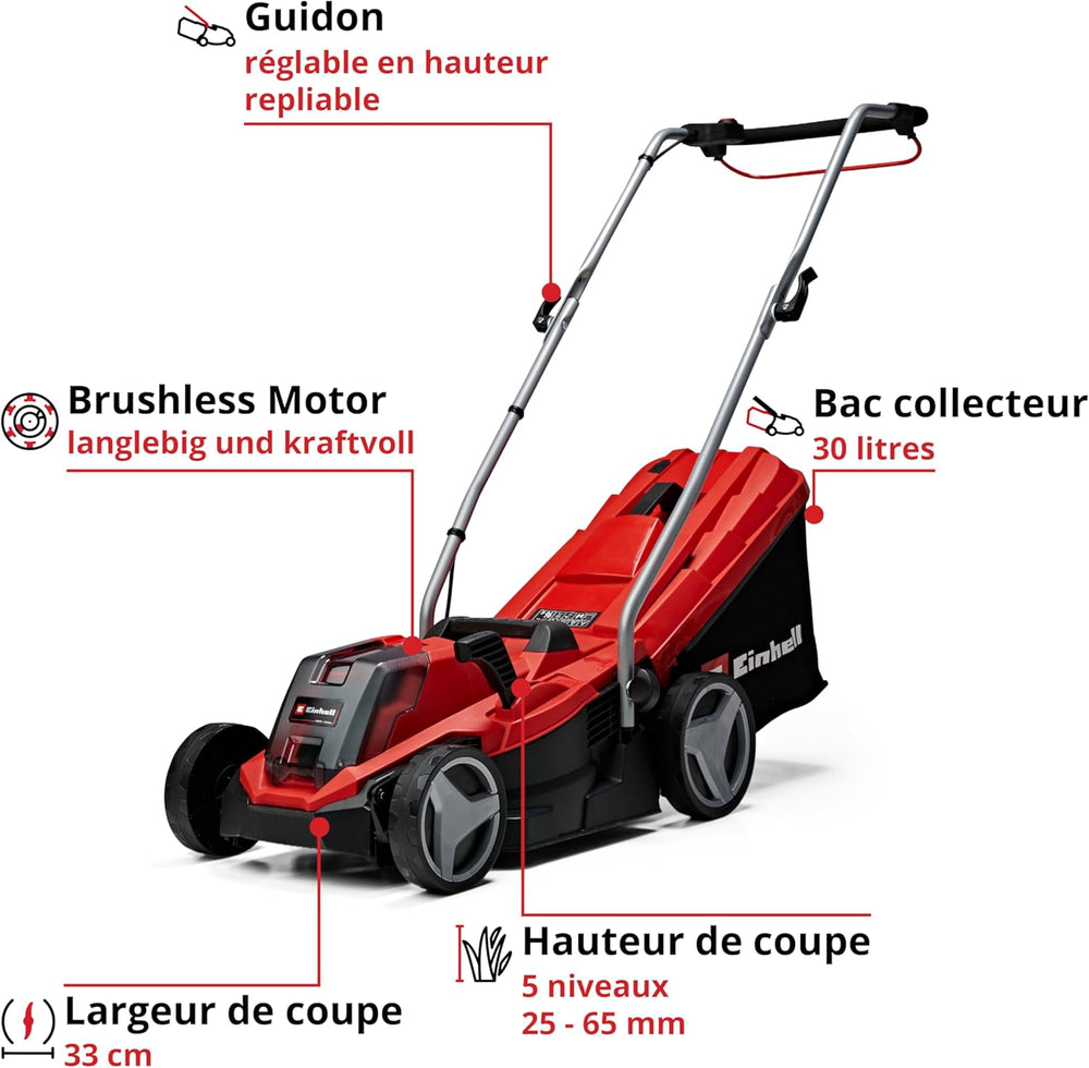 Einhell Tondeuse à gazon sans fil GE-CM 18/33 Li Kit Power X-Change (18V, Largeur de Coupe 33cm, Surface conseillée 200 m²) Livré avec Batterie 4,0 Ah et Chargeur