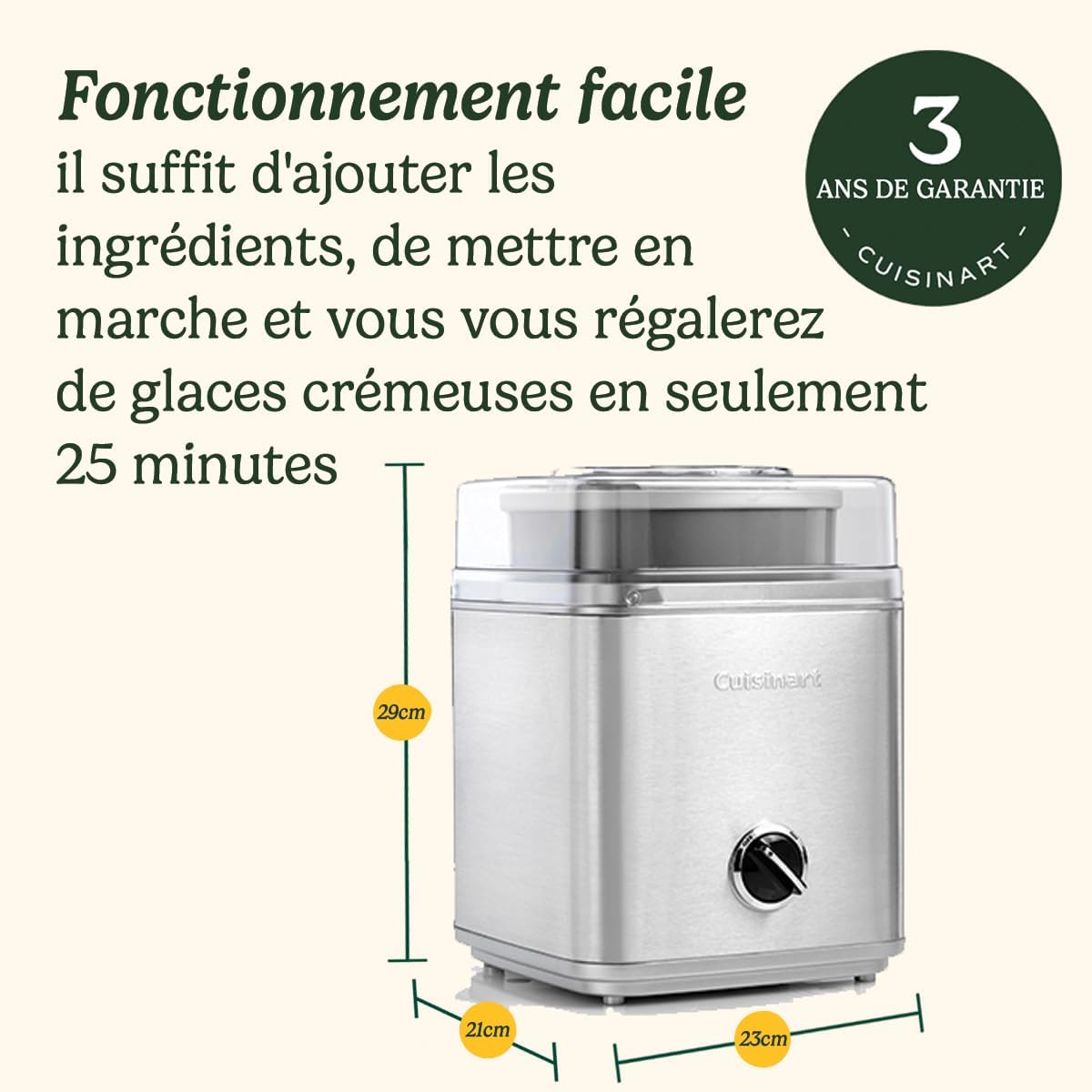 Cuisinart Sorbetière - Fait de la crème glacée, du gelato, du sorbet et du yogourt glacé en 40 minutes - Desserts maison - Facile à utiliser - Acier inoxydable - ICE100BCU