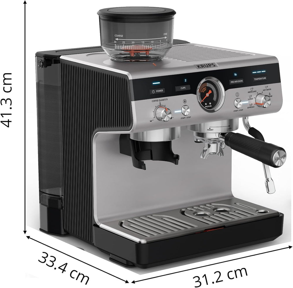 Krups Virtuoso+, Machine expresso, Machine a cafe à pompe, expresso machine a cafe moulu ou dosettes, 15 bars, Inox, Buse vapeur, Espresso et cappuccino, XP444G10