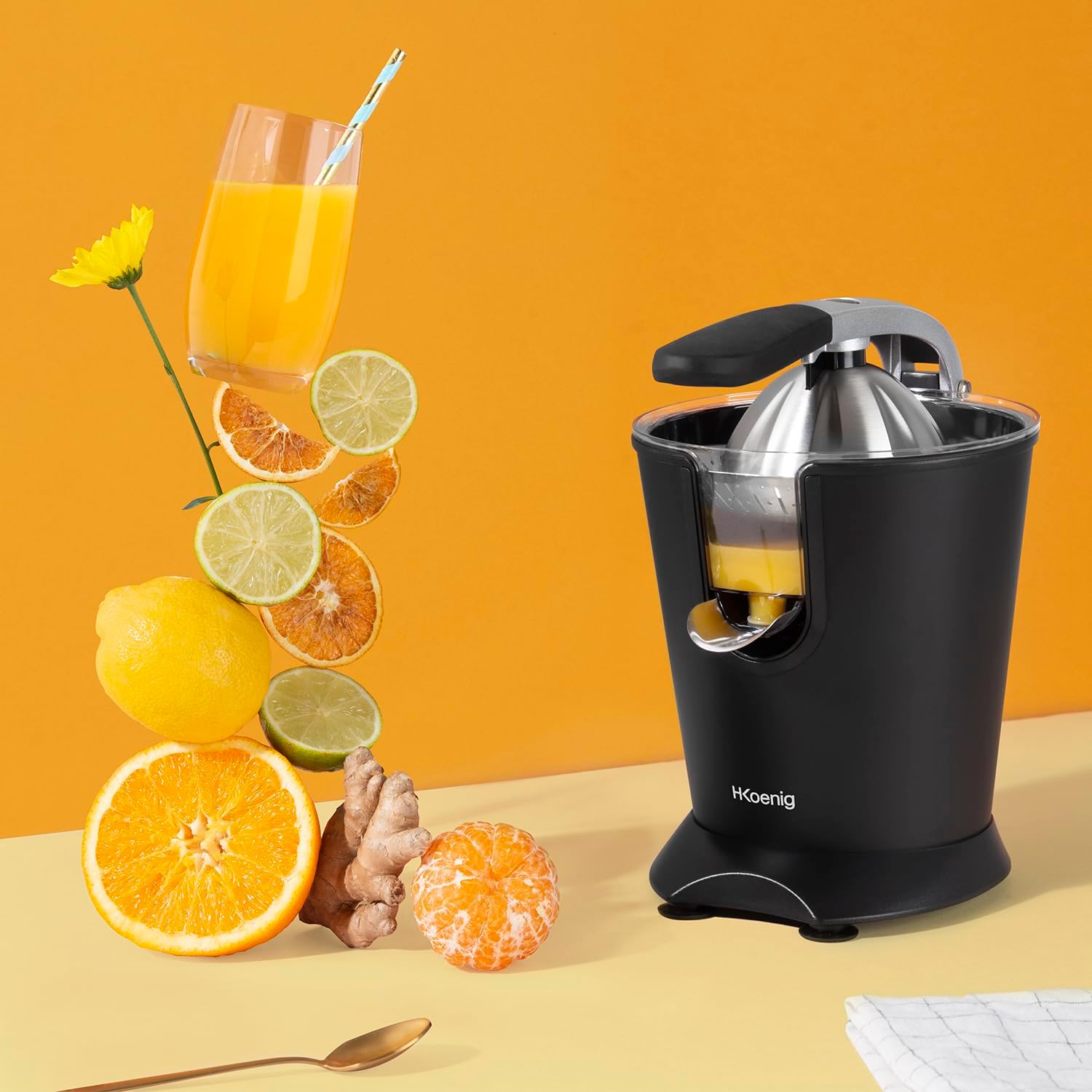 H.Koenig AGR80 160W Professional Electric Citrus Juicer Stainless Steel Lever and Filter Drip Free BPA Free Dishwasher Safe Parts