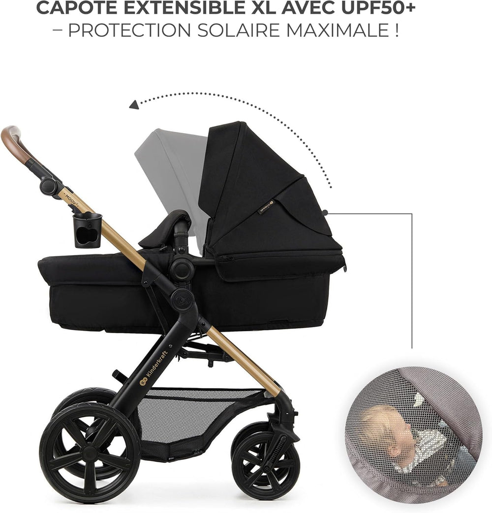 Kinderkraft MOOV2 Poussette 3 en 1, Système de voyage de la naissance à 27 kg, Siège auto Mink PRO I-Size inclus, Capote extensible avec filtre UPF50+, Accessoires pratiques, Gris