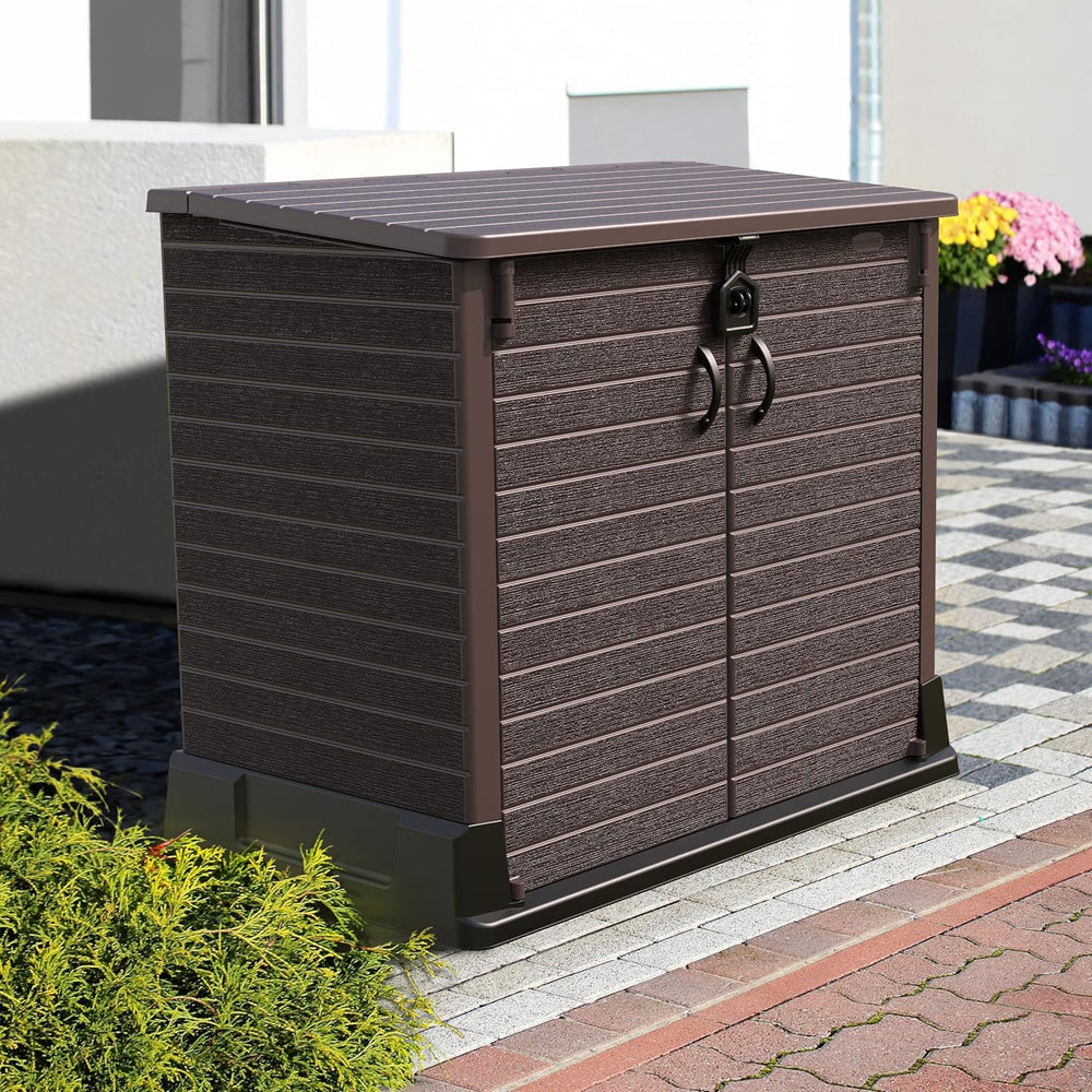 Duramax StoreAway 1200L Plastic Garden Shed/ Flat Lid, Outdoor Storage Shed, Wheelie Bin Hideaways, Wheelie bin box, Durable Construction, Ideal for Bikes, BBQs & 2x 240L Bins, 145x85x125 cm, Brown