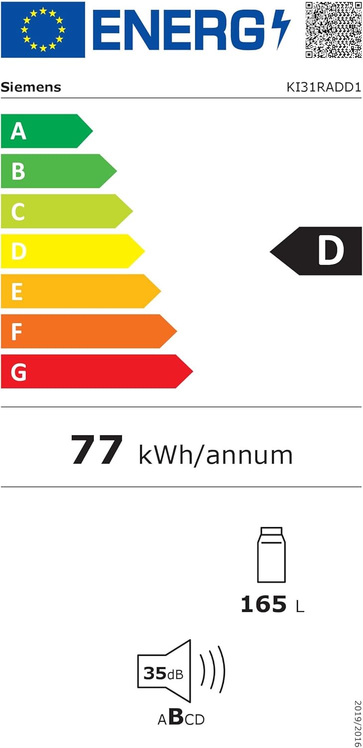 Siemens KI31RADD1 iQ500 - Réfrigérateur encastrable - 102,5 x 56 cm - 165 l - Fabriqué en Allemagne - Très silencieux, hyperFresh Box - Fraîcheur plus longue - Éclairage LED - SuperCooling -