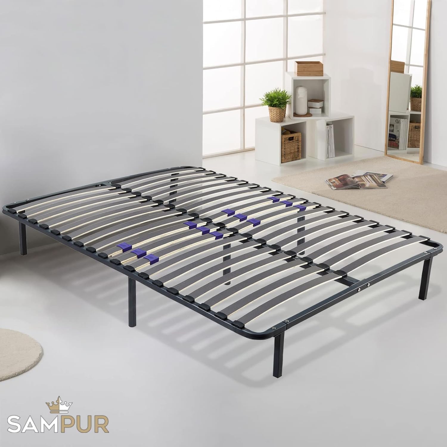 SAMPUR - Essential bed base 140 x 200 cm | Durable and comfortable | Feet included | Adjustable slats | Epoxy lacquered metal frame | Quick and easy assembly