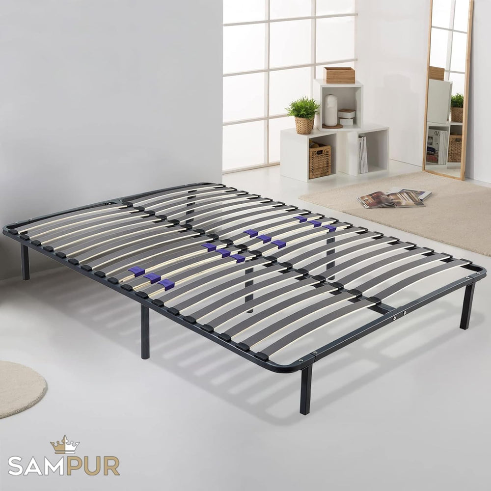 SAMPUR - Essential bed base 140 x 200 cm | Durable and comfortable | Feet included | Adjustable slats | Epoxy lacquered metal frame | Quick and easy assembly