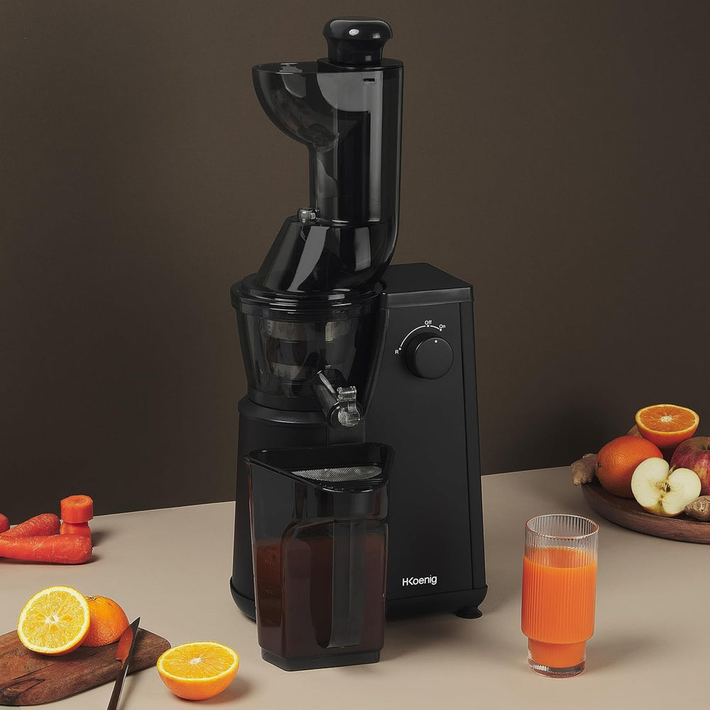 Extracteur de Jus de Fruits et Légumes vertical GSX24 H.Koenig Centrifugeuse Vitamin + sans BPA - 82 mm Large Bouche - 3 tamis pour jus fin ou épais et sorbet - Pression douce - 50 tours 400 W
