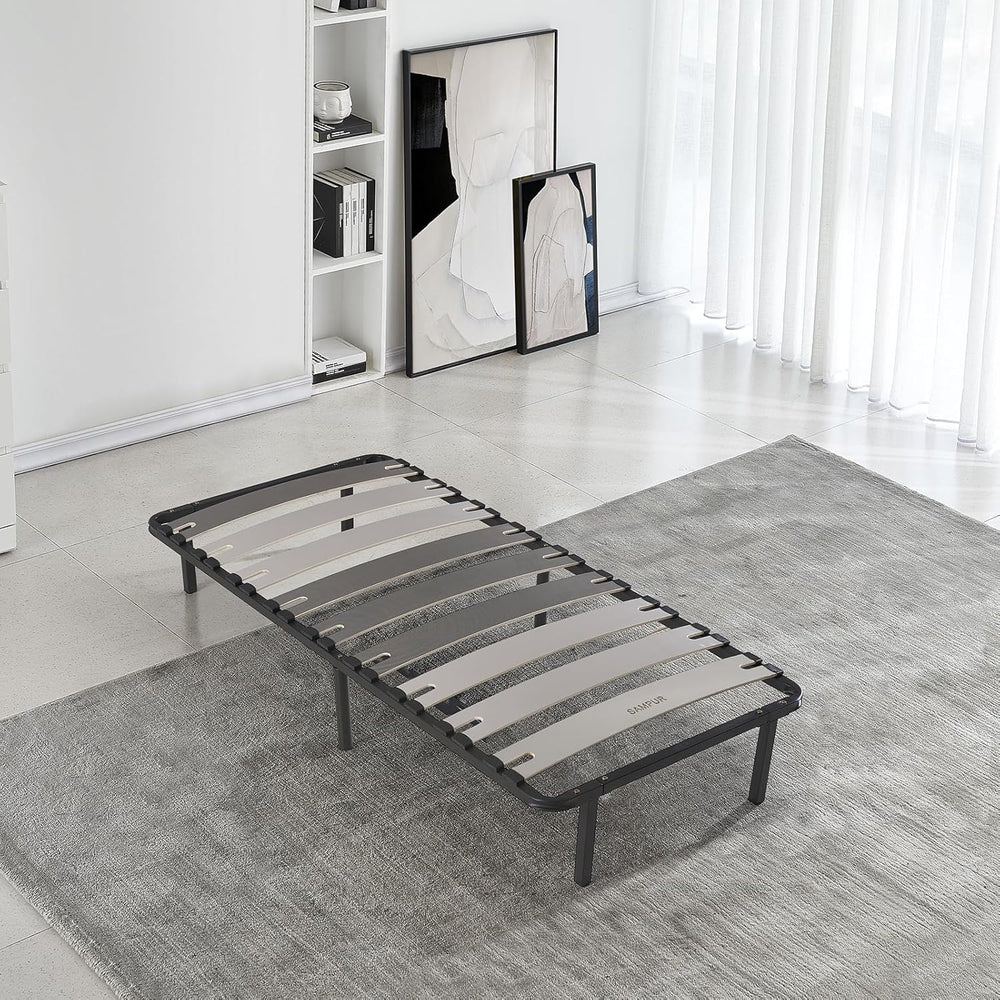 SAMPUR - Morpholattes bed base | 90 x 190 cm | 7 legs included | Grey | 25 cm high | epoxy lacquered metal frame | Extra wide slats | 5 support zones