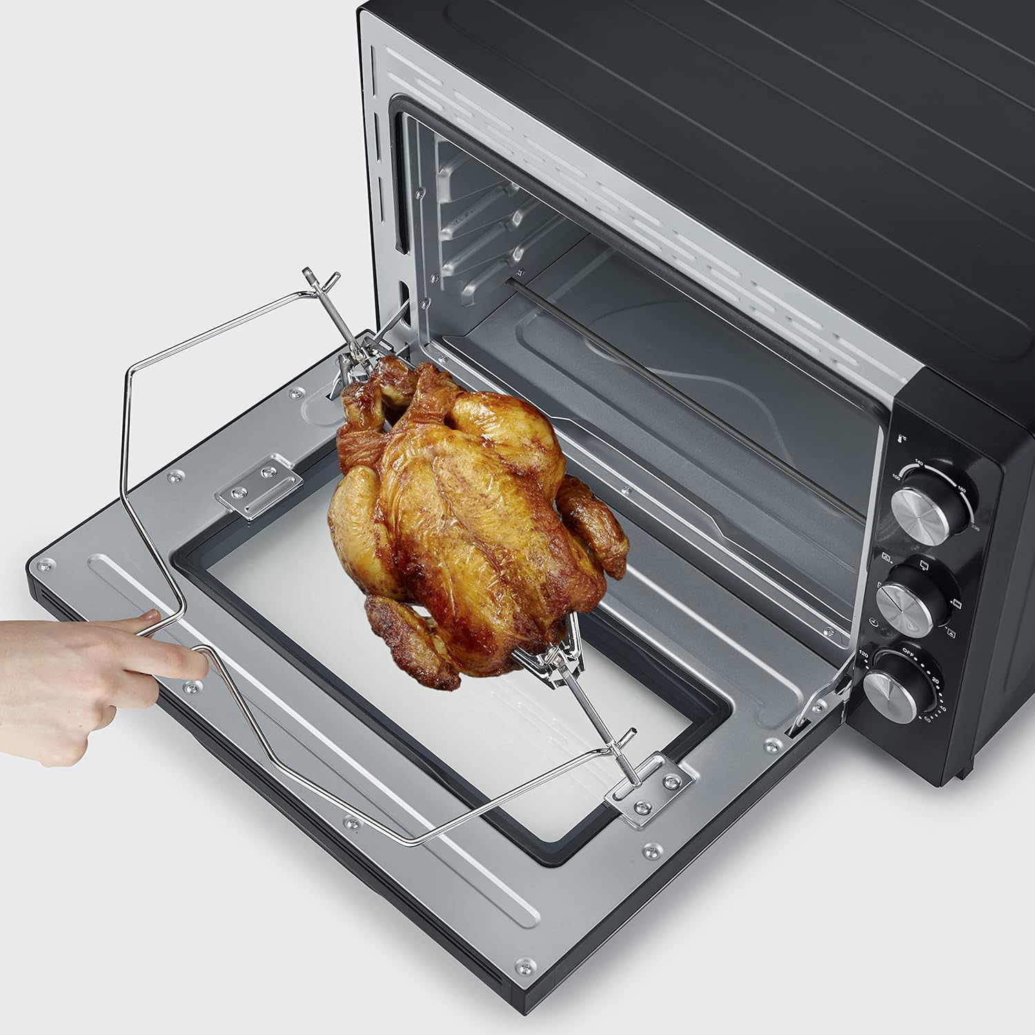 SEVERIN Mini-Four à chaleur tournante 42 L avec pierre à pizza et tournebroche, Four posable 1 800 W design élégant, électrique avec minuteur 120 min, Noir/Inox, TO 2058