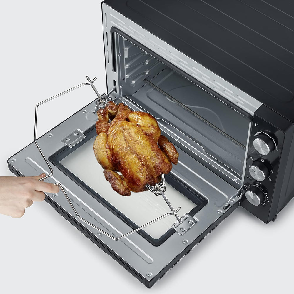 SEVERIN Mini-Four à chaleur tournante 42 L avec pierre à pizza et tournebroche, Four posable 1 800 W design élégant, électrique avec minuteur 120 min, Noir/Inox, TO 2058