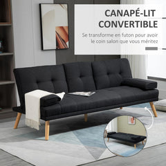 HOMCOM Canapé Convertible 3 Places Design scandinave Inclinaison Dossier réglable 3 Niveaux Dossier Centrale Rabattable 2 Porte-Verres Bois Massif Lin Gris