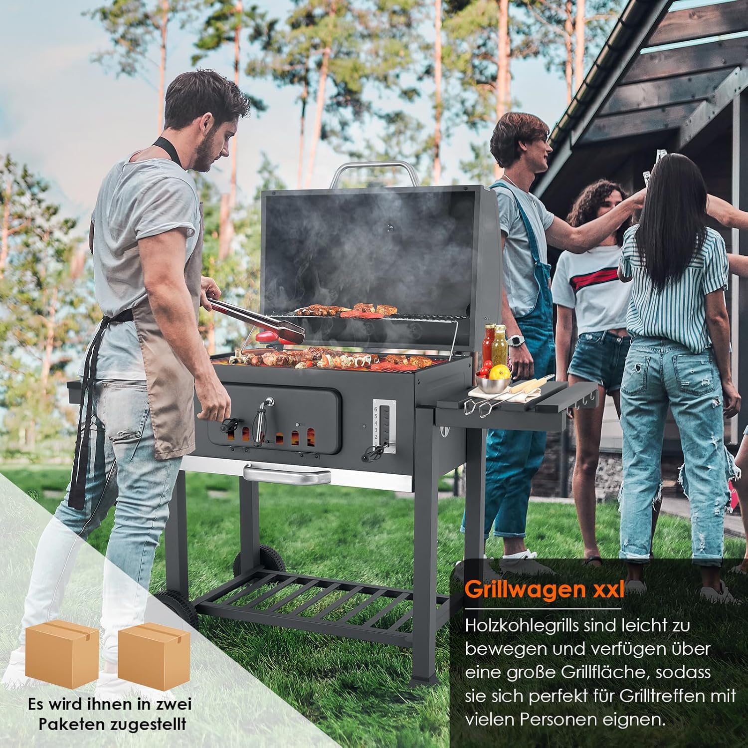 Barbecue Charbon de Bois XL, Chariot à Barbecue, Grill XL à Charbon avec Couvercle, Roues et Thermomètre, Réglable en Hauteur, Grand Barbecue au Charbon de Bois, pour Camping et Jardin, Noir