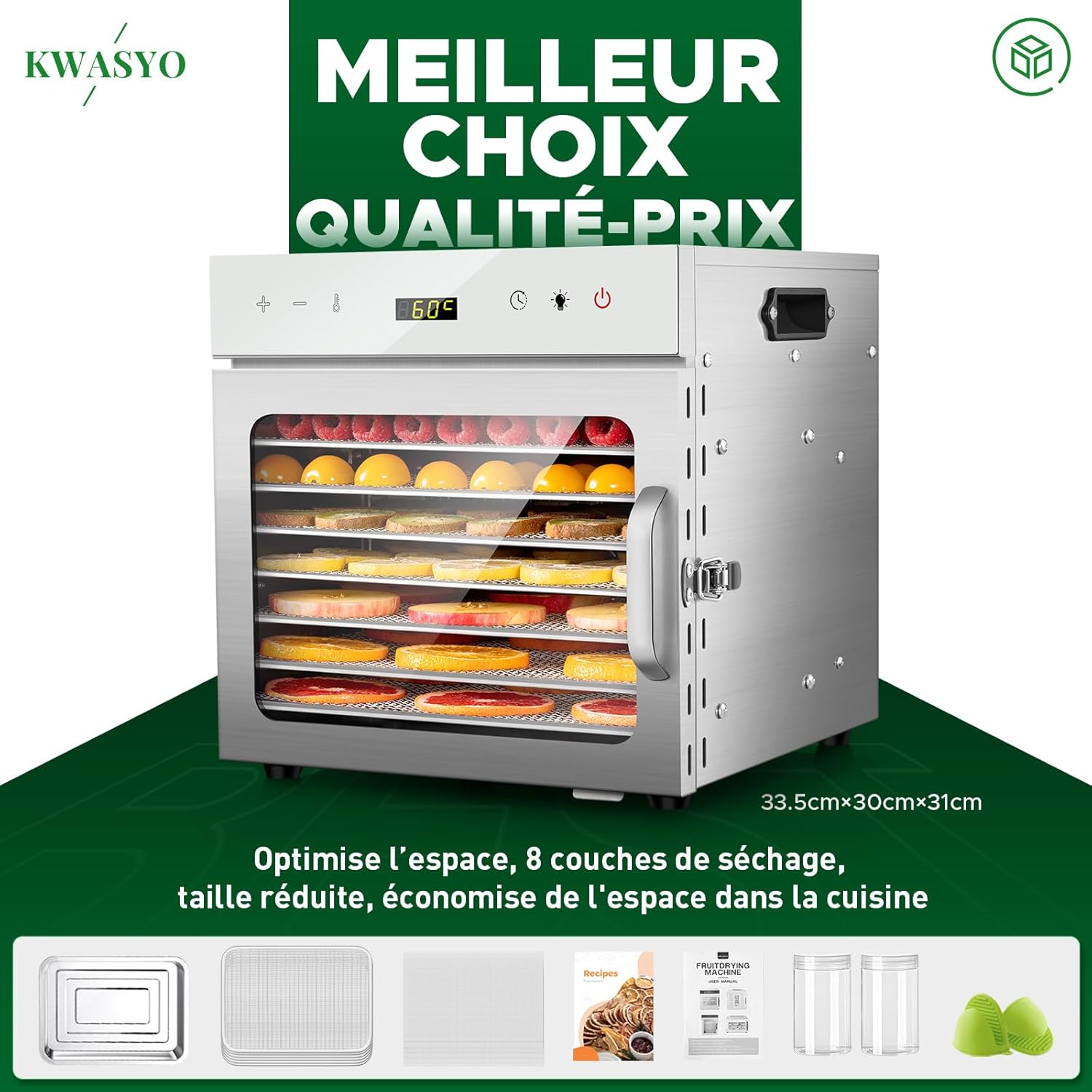 Kwasyo Food Dehydrator Stainless Steel 8 Trays Temperature Regulator 30-90°C 24H Timer Function BPA Free Dehydrator for Fruit, Meat, Vegetables