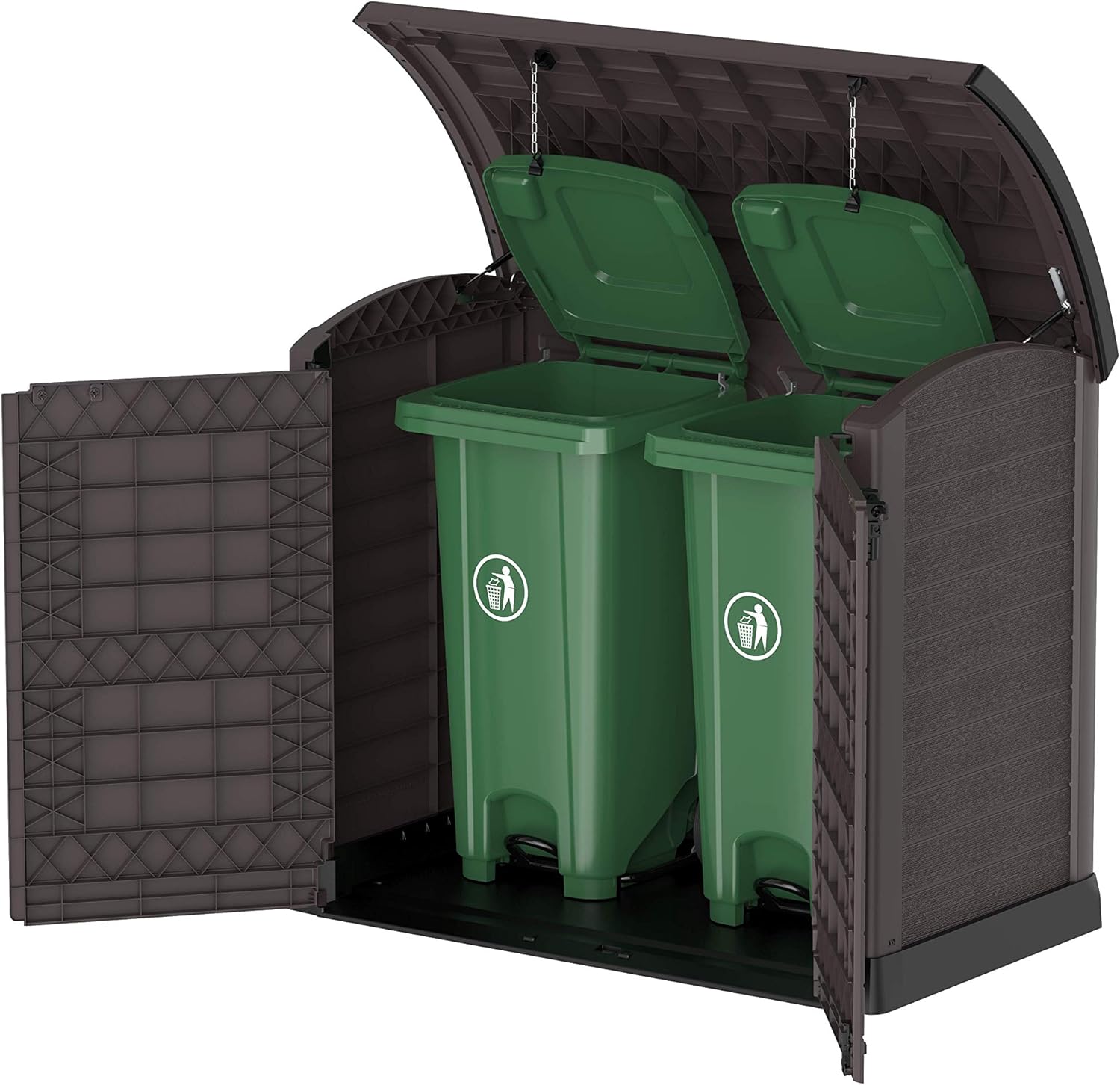Duramax StoreAway 1200L Plastic Garden Shed/ Flat Lid, Outdoor Storage Shed, Wheelie Bin Hideaways, Wheelie bin box, Durable Construction, Ideal for Bikes, BBQs & 2x 240L Bins, 145x85x125 cm, Brown