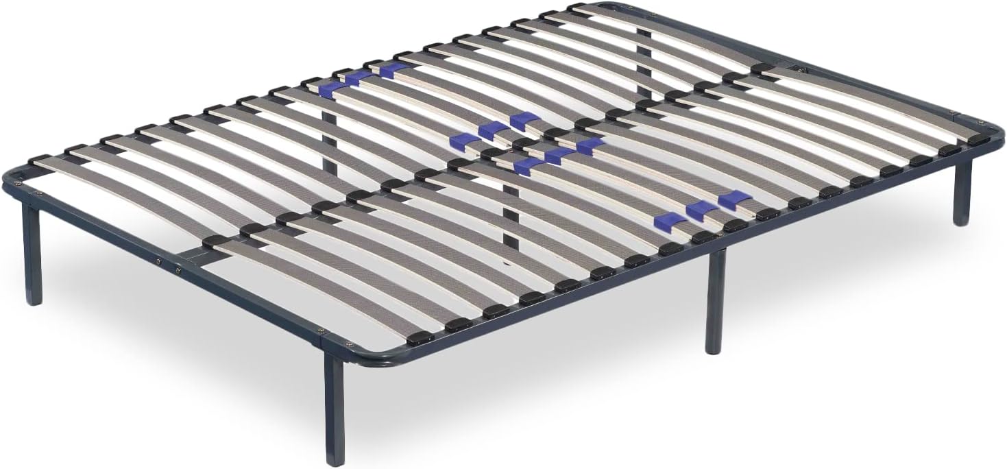SAMPUR - Essential bed base 140 x 200 cm | Durable and comfortable | Feet included | Adjustable slats | Epoxy lacquered metal frame | Quick and easy assembly
