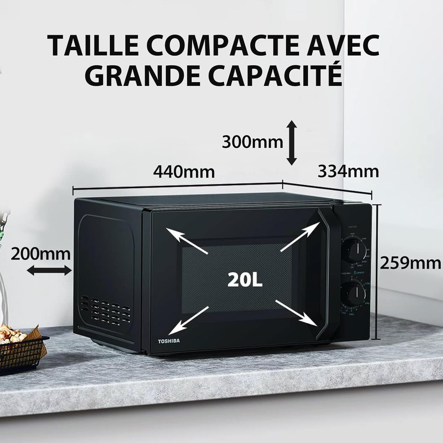 Toshiba Micro-ondes 20L MW2-MM20P(BK), Micro-ondes sur Pied, 800W, 5 Niveaux de Puissance, avec Décongélation Facile, éclairage LED à l'intérieur, Noir
