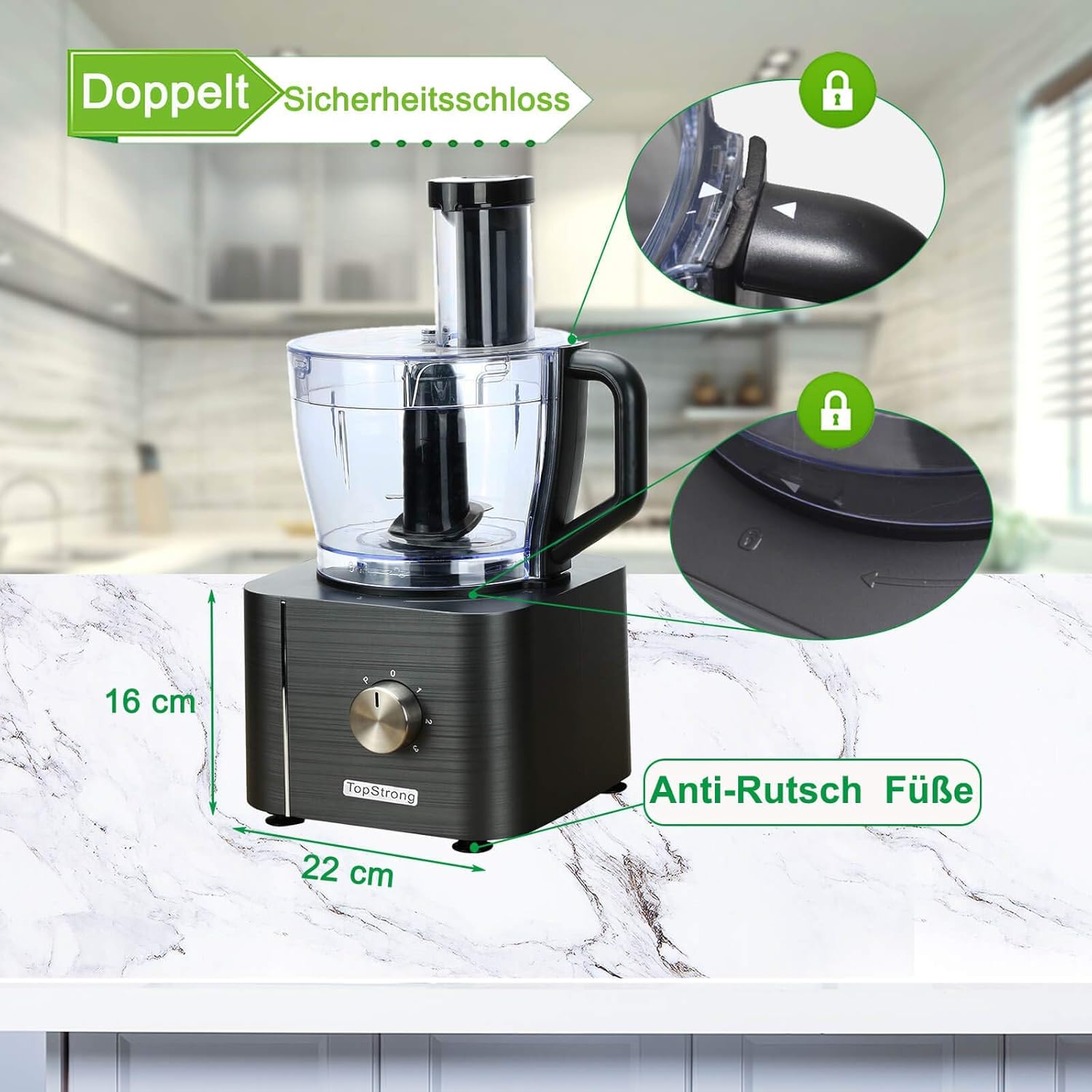 TopStrong Multifunctional Food Processor, 1100 W Multifunctional Food Processor, 11 in 1 Food Processor Included Chopper, Kneader Hook, Blender, Citrus Press and Coffee Grinder, 3.2L Bowl and 1.5L