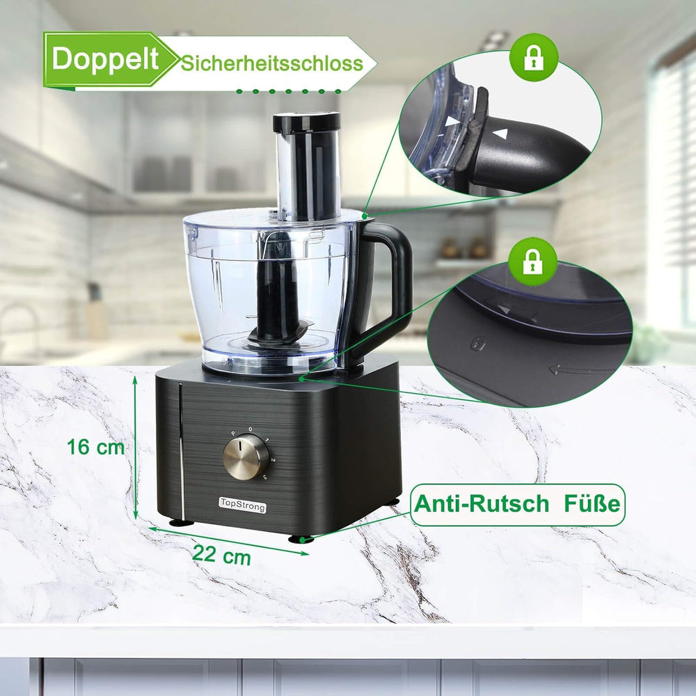 TopStrong Multifunctional Food Processor, 1100 W Multifunctional Food Processor, 11 in 1 Food Processor Included Chopper, Kneader Hook, Blender, Citrus Press and Coffee Grinder, 3.2L Bowl and 1.5L