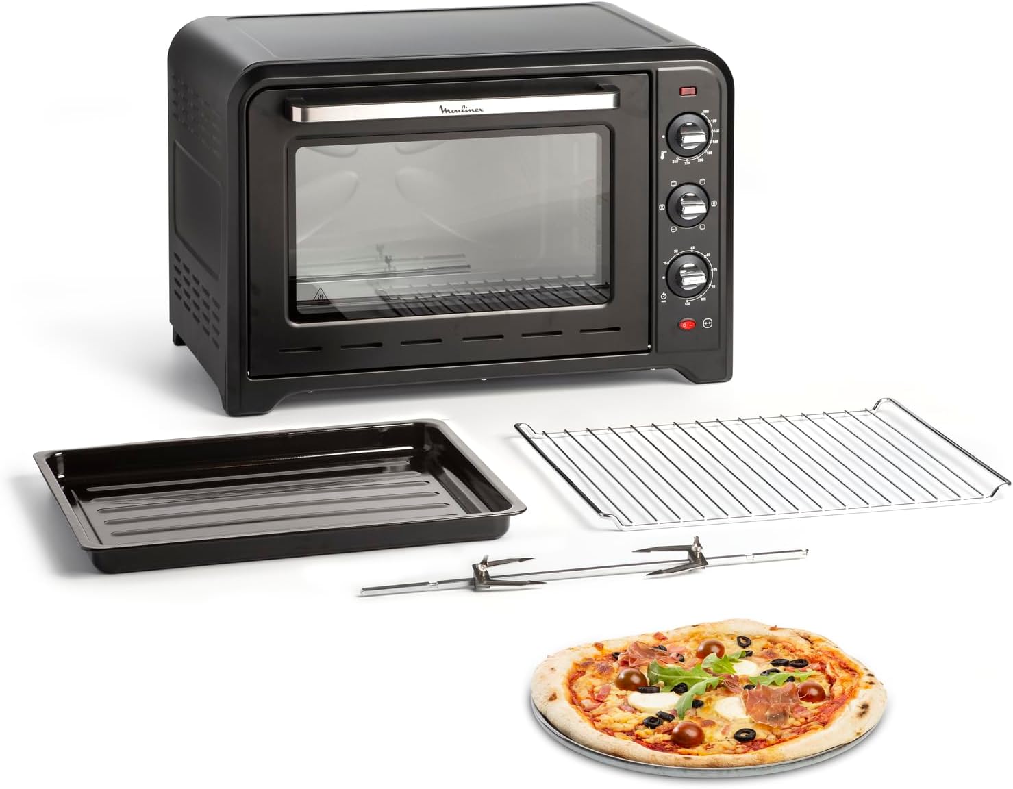Moulinex Oven, 33 L, Rotating heat, Advanced convection, 6 cooking modes, Thermostat adjustable up to 240°C, Timer 120 min, Reversible grill, Silicone oven mitts, Optimo Black OX464811