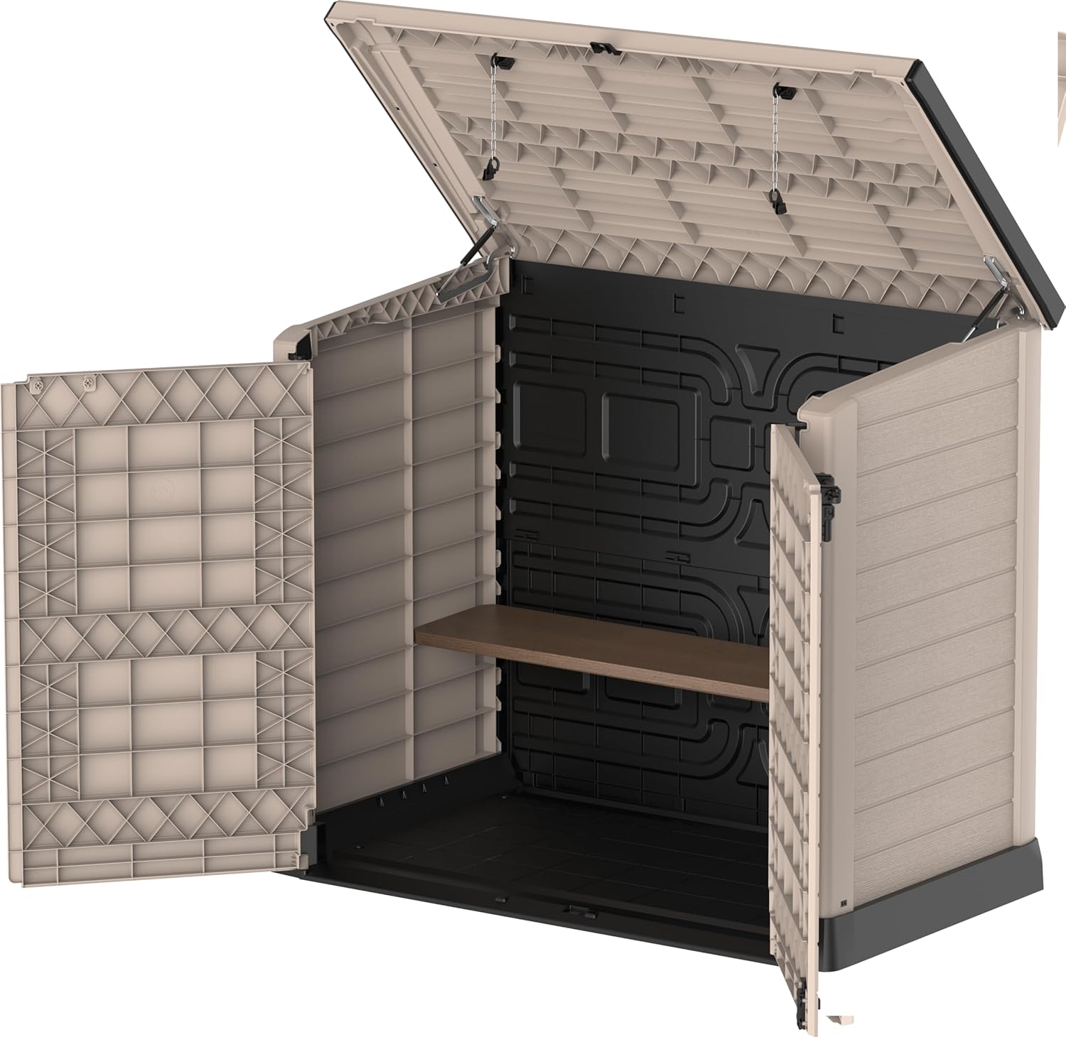 Duramax StoreAway 1200L Plastic Garden Shed/ Flat Lid, Outdoor Storage Shed, Wheelie Bin Hideaways, Wheelie bin box, Durable Construction, Ideal for Bikes, BBQs & 2x 240L Bins, 145x85x125 cm, Brown