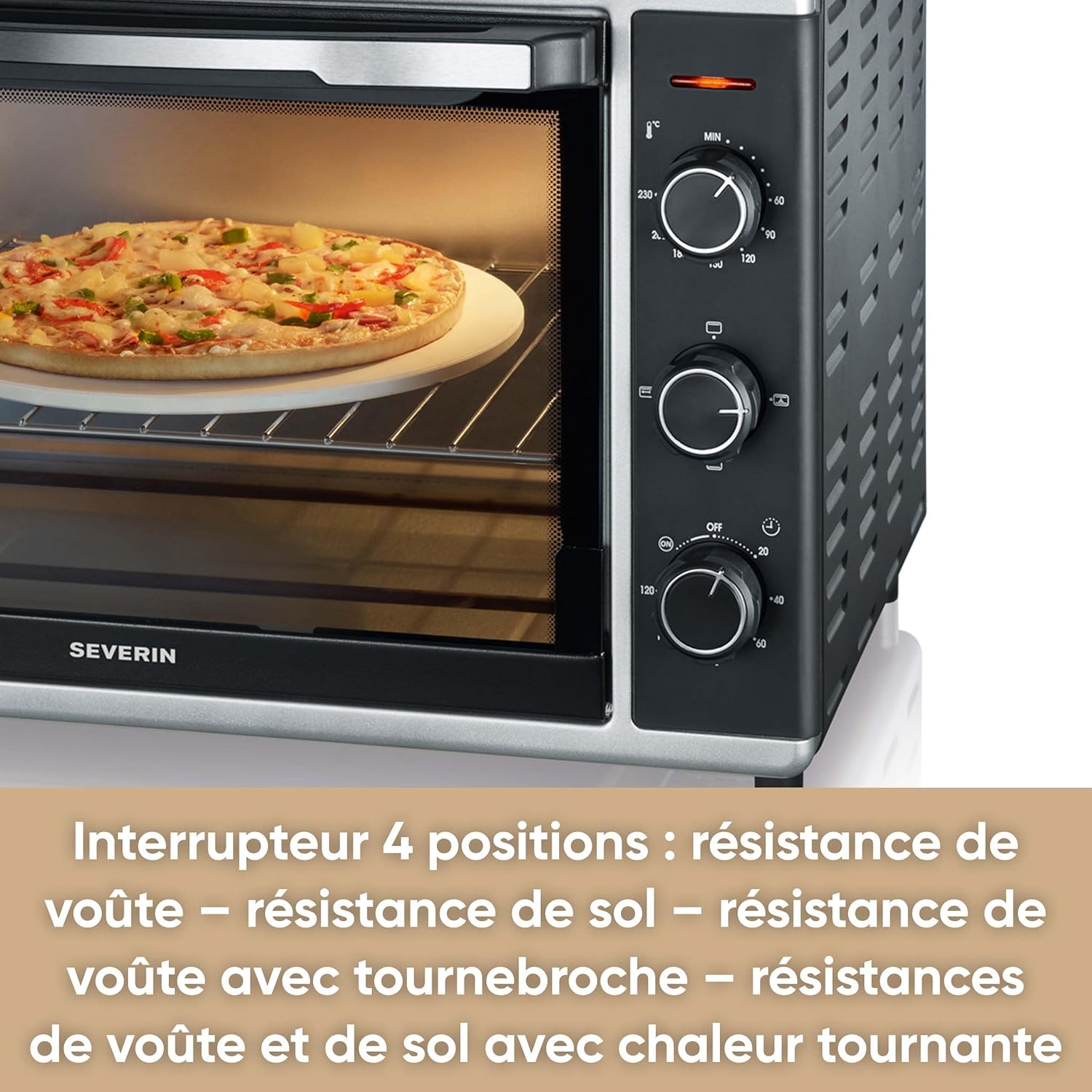 SEVERIN Mini-Four à chaleur tournante 42 L avec pierre à pizza et tournebroche, Four posable 1 800 W design élégant, électrique avec minuteur 120 min, Noir/Inox, TO 2058