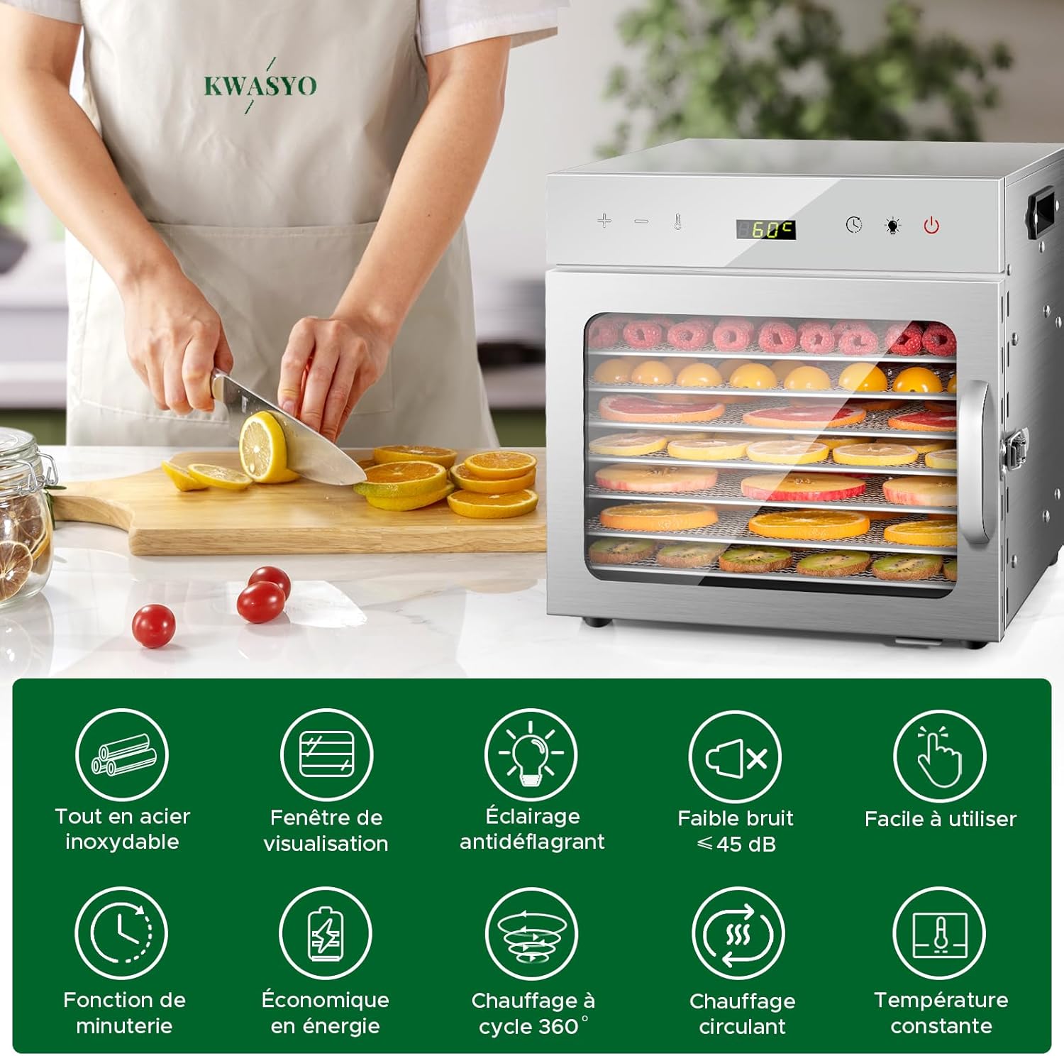 Kwasyo Food Dehydrator Stainless Steel 8 Trays Temperature Regulator 30-90°C 24H Timer Function BPA Free Dehydrator for Fruit, Meat, Vegetables