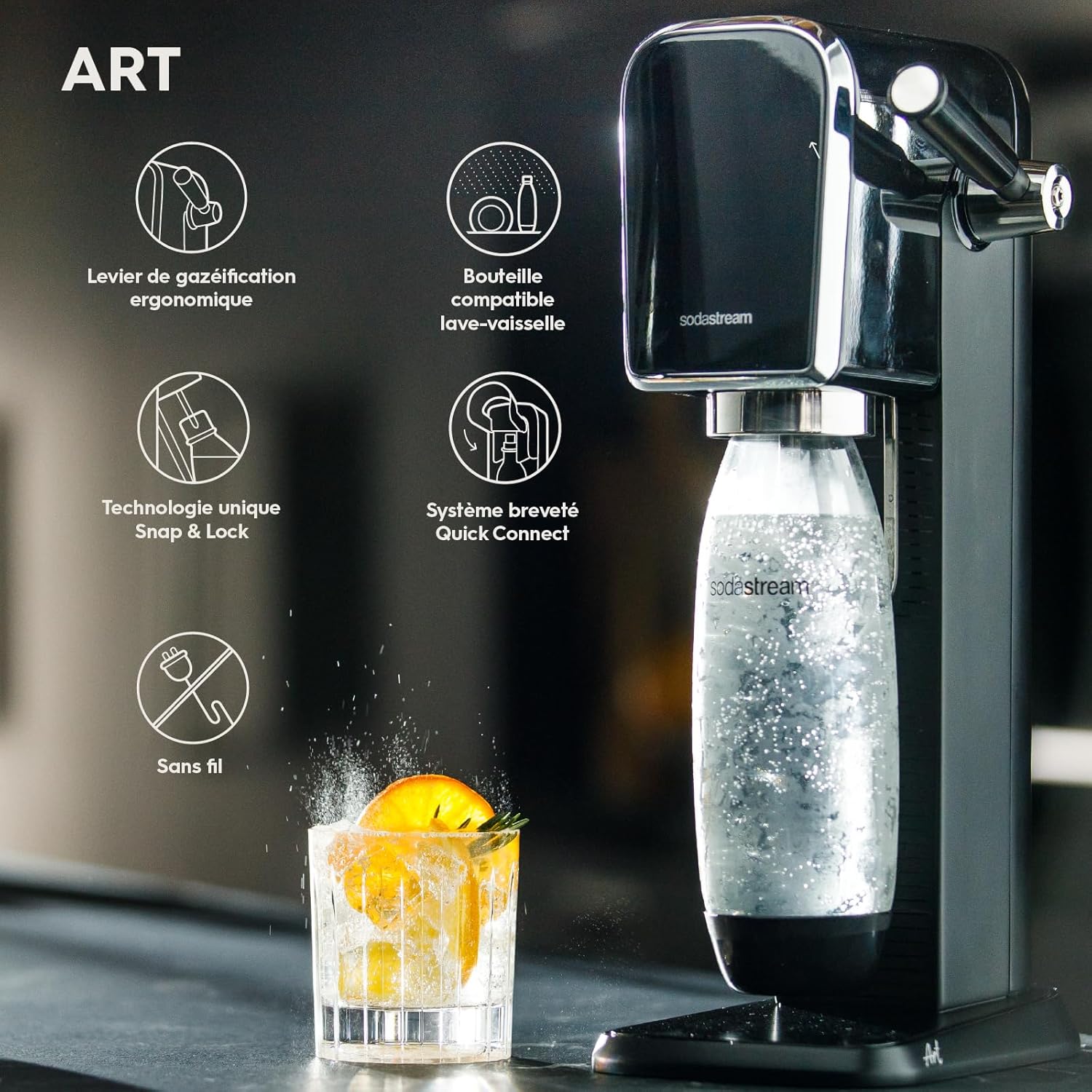 SodaStream ART Sparkling Water and Soda Machine | Pack of 1 Bottle 1 L + 1 Bottle 0.5 L Dishwasher Safe + 1 60L Gas Refill Clip On | Black [Amazon Exclusive]