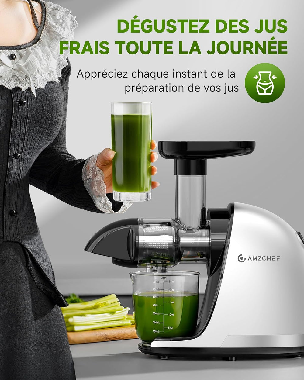AMZCHEF Extracteur Jus - Extracteur de Jus de Fruits et Légumes - Presses-agrumes à Froid sans BPA avec 2 Tasses et Brosse - Fonction de Mastication Inversée pour Éviter les Blocages - Argent